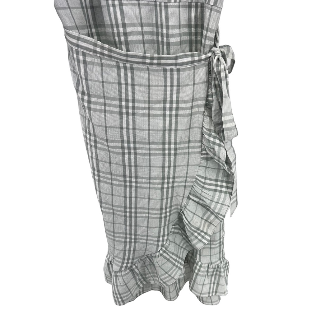 Chelsea 28 plaid midi white gray faux wrap dress S ruffle neutral office party - Picture 3 of 12